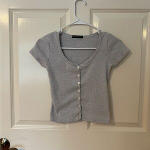 Brandy Melville Gray and White Striped Short Sleeve Top with buttons